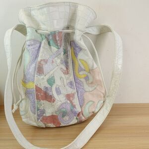70s Vintage Patchwork Purse Bucket Drawstring Large Faux Leather Bag Hobo Whimsy
